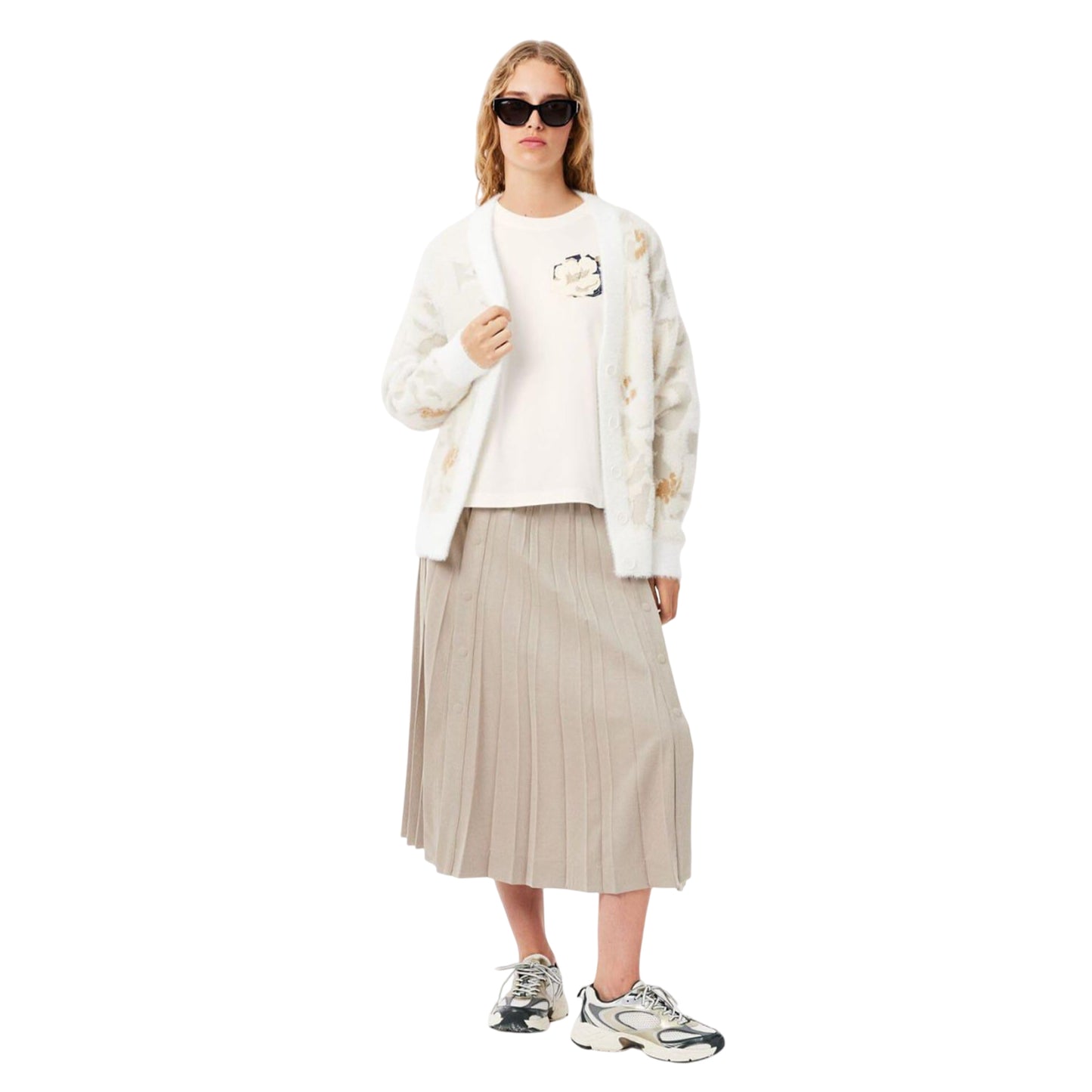 White - Pack Shot - Lacoste Womens-Ladies Flower Cotton Oversized T-Shirt