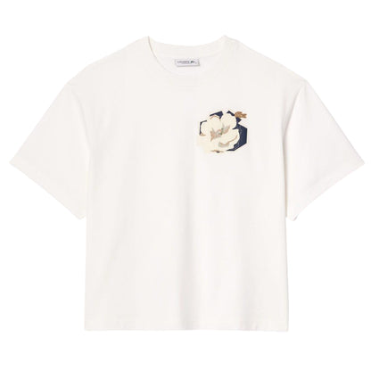 White - Front - Lacoste Womens-Ladies Flower Cotton Oversized T-Shirt