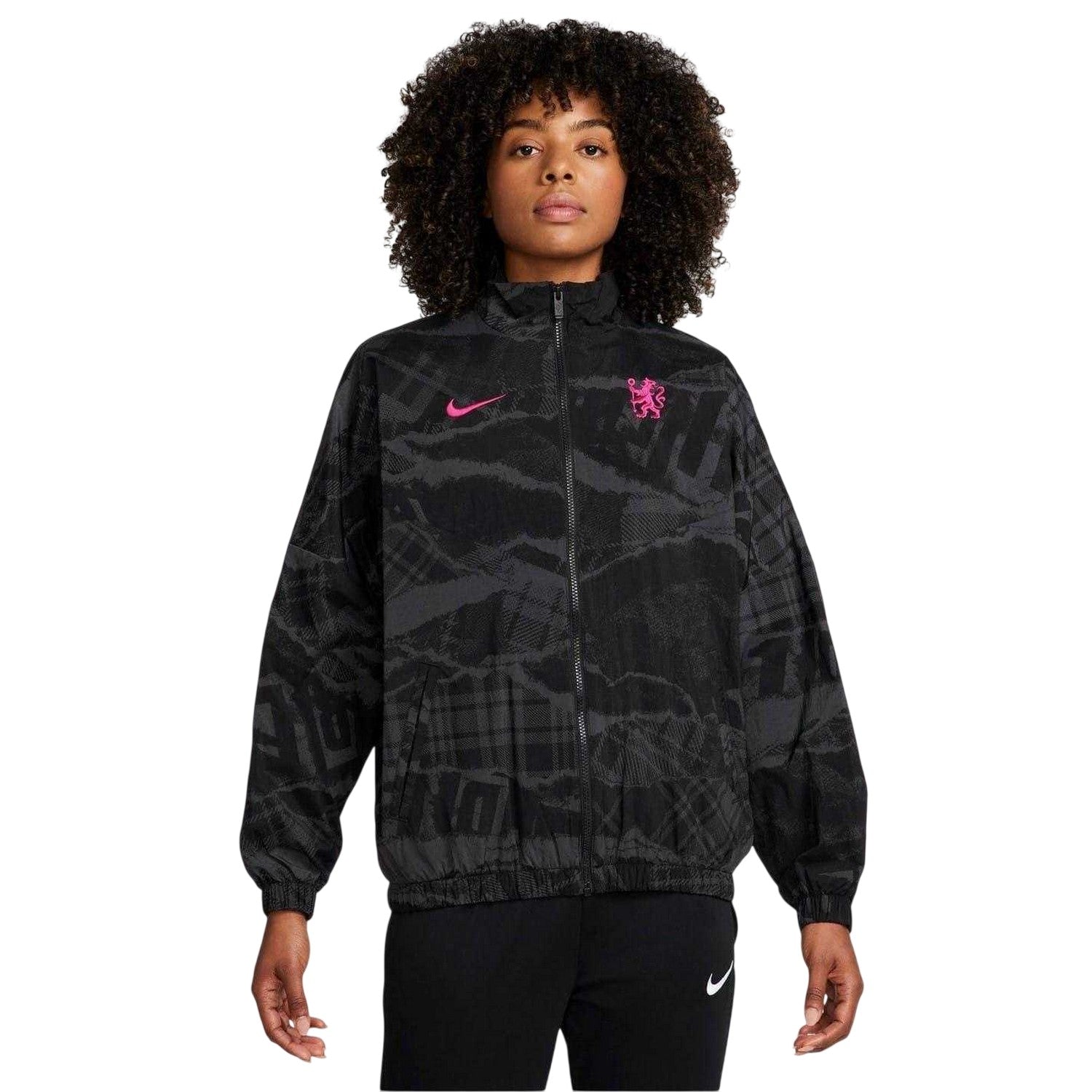 Black-Pink - Front - Nike Womens-Ladies Print Oversized Windrunner Jacket