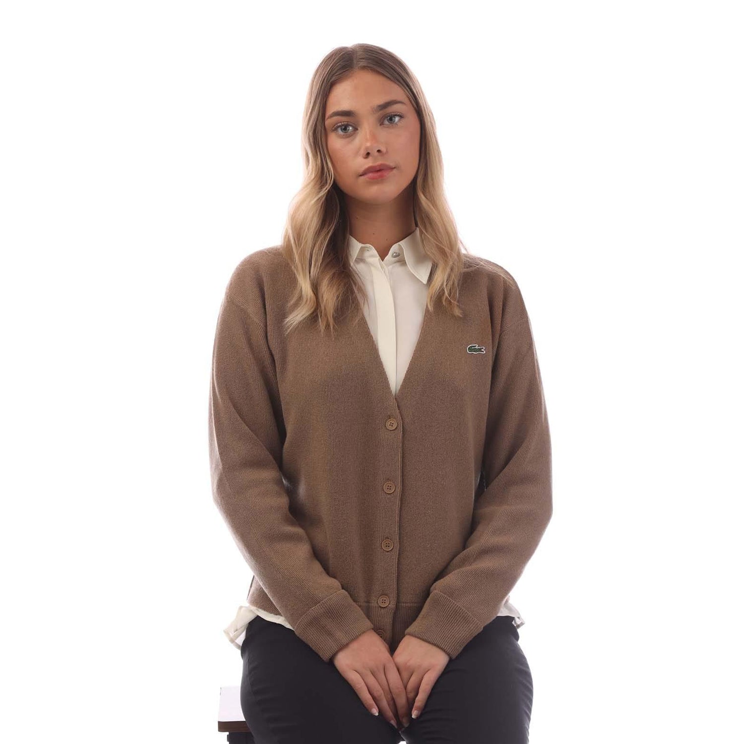 Brown - Lifestyle - Lacoste Womens-Ladies V Neck Relaxed Fit Cardigan