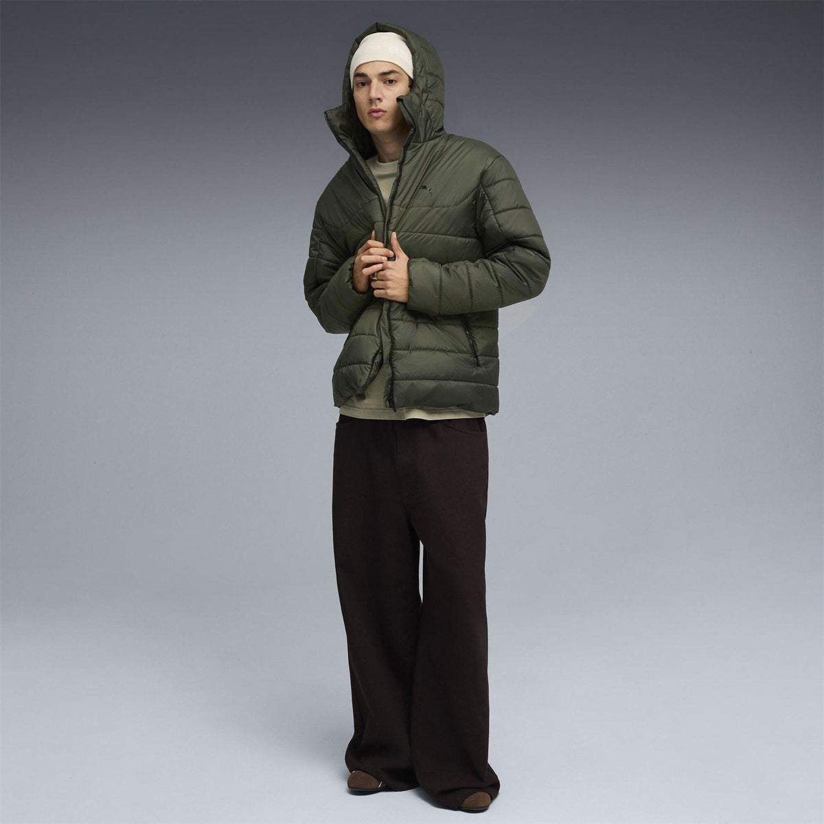 Dark Olive - Pack Shot - Puma Mens Essentials Insulated Hooded Jacket