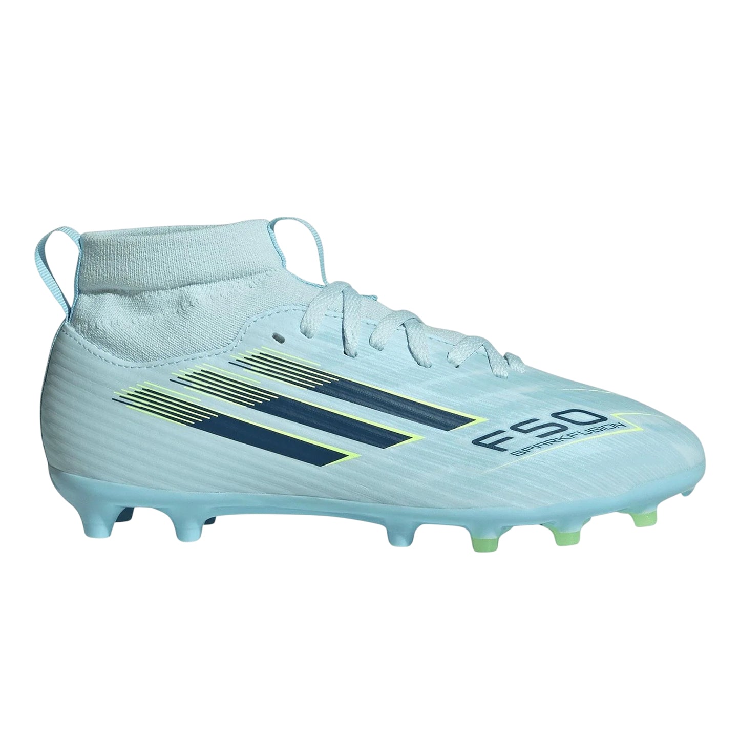 Light Blue-Yellow - Front - Adidas Childrens-Kids F50 League Firm Ground Football Boots