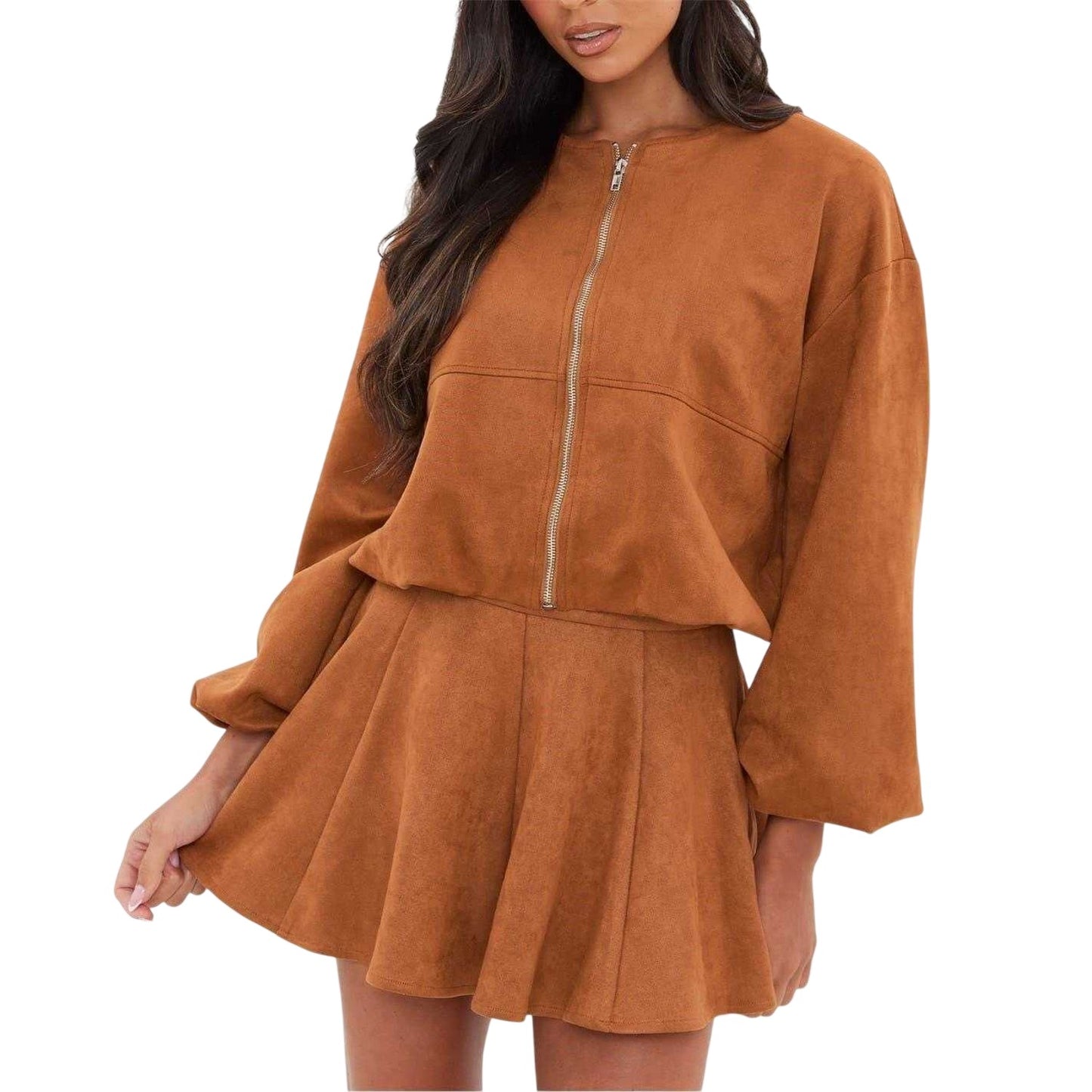 Brown - Side - I Saw It First Womens-Ladies Faux Suede Bubble Hem Jacket