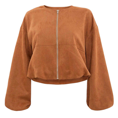 Brown - Front - I Saw It First Womens-Ladies Faux Suede Bubble Hem Jacket