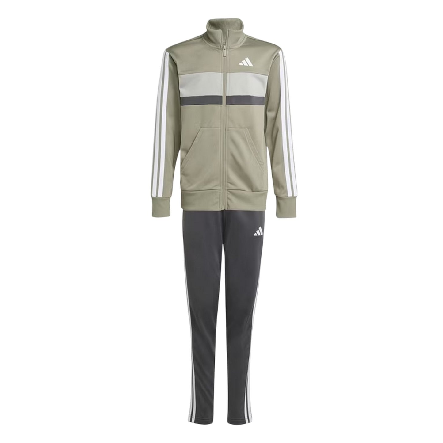 Khaki Green-White - Front - Adidas Childrens-Kids Essentials Tiberio Colour Block Tracksuit