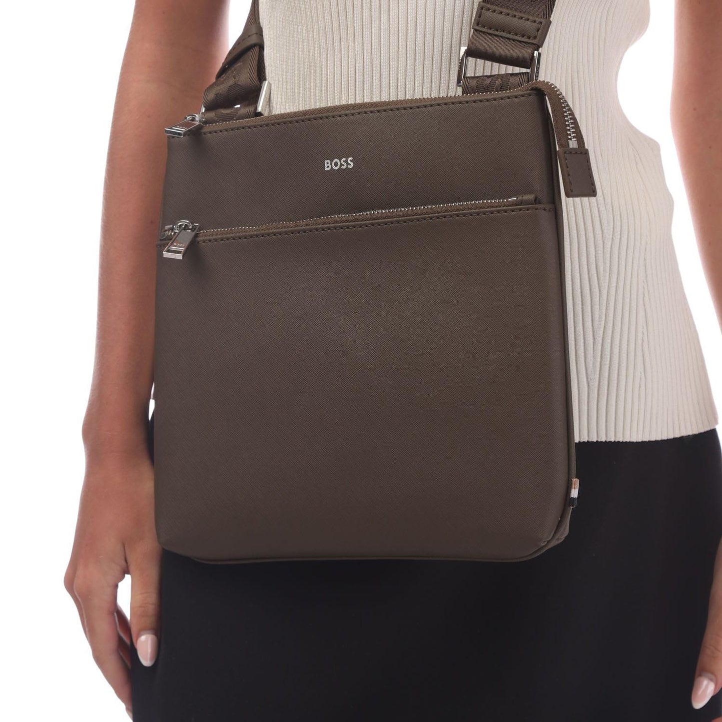 Green - Side - Hugo Boss Zair Bonded Leather Zipped Crossbody Bag