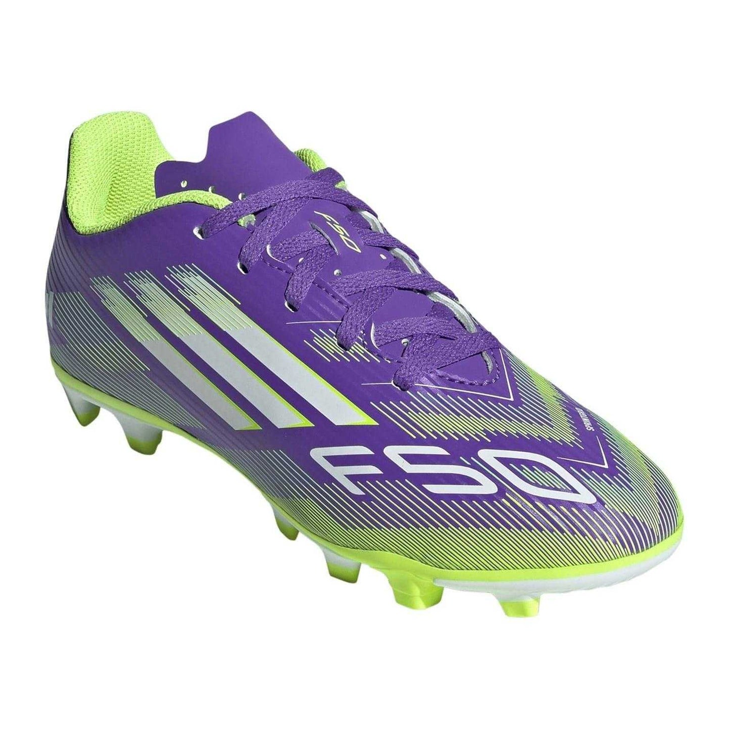 Purple-White - Pack Shot - Adidas Childrens-Kids F50 Messi Club Firm Ground Football Boots