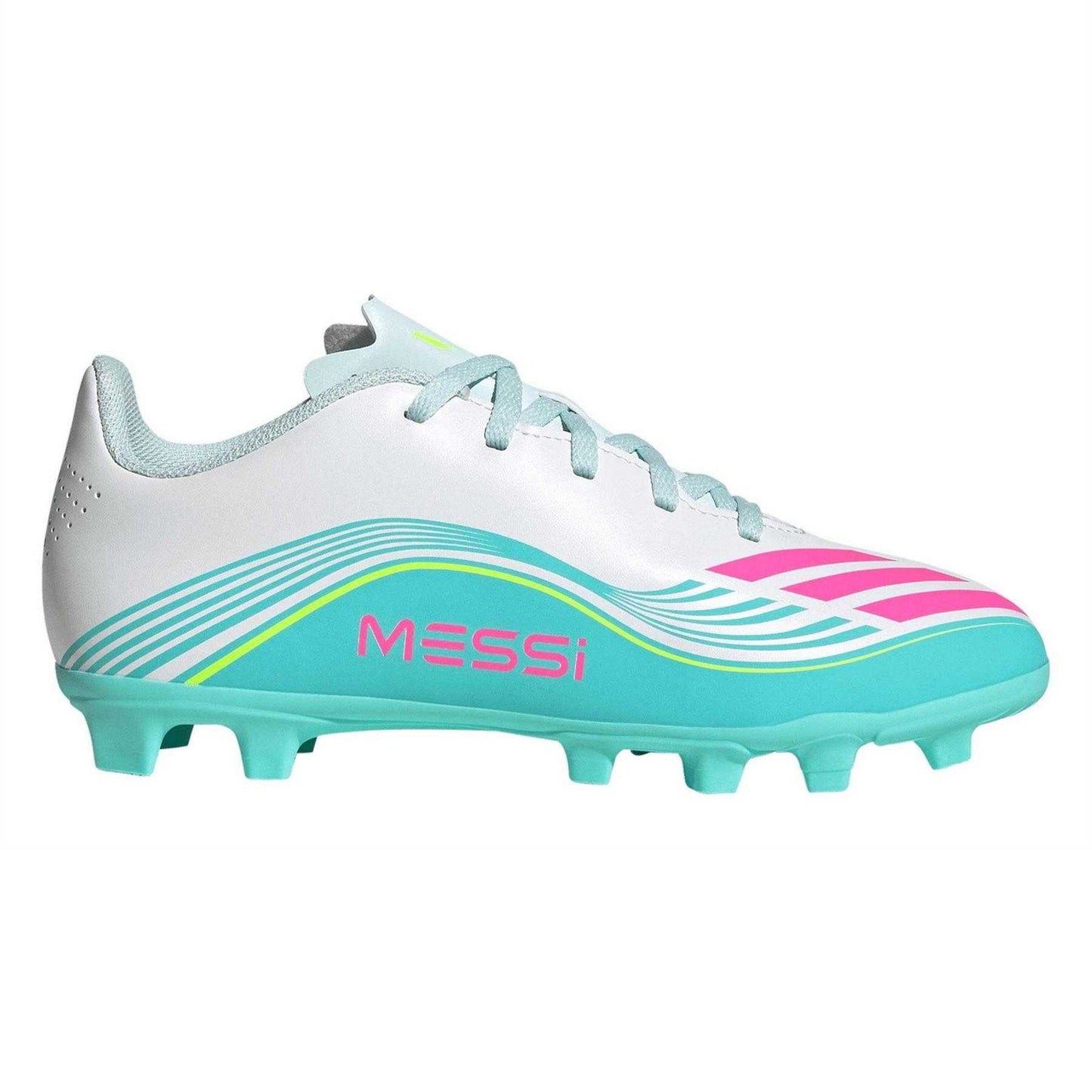White-Pink-Blue - Front - Adidas Childrens-Kids F50 Messi Club Firm Ground Football Boots