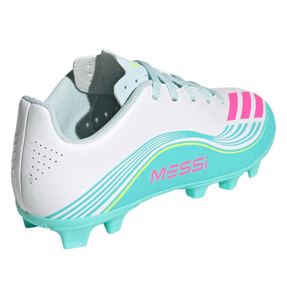 White-Pink-Blue - Back - Adidas Childrens-Kids F50 Messi Club Firm Ground Football Boots