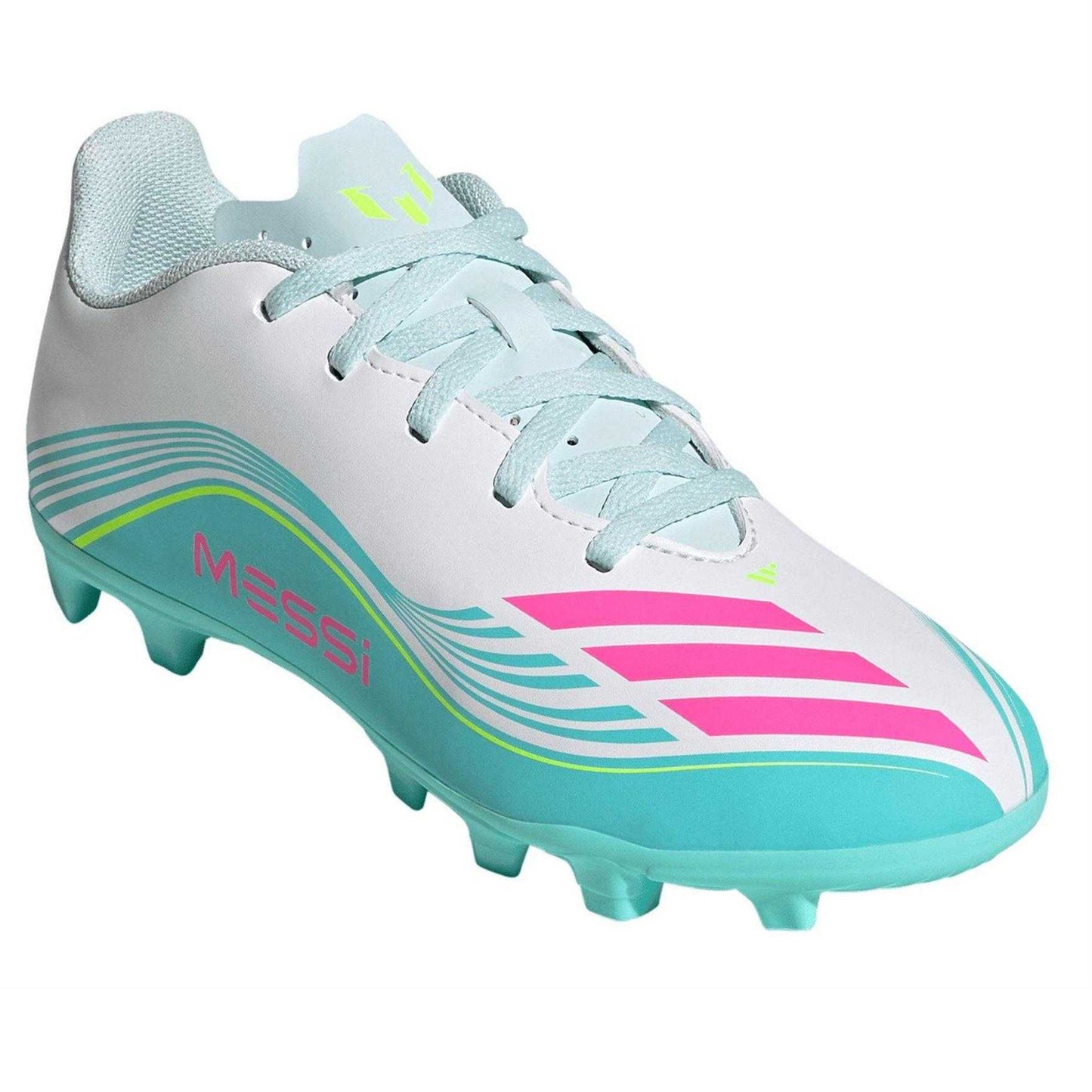 White-Pink-Blue - Pack Shot - Adidas Childrens-Kids F50 Messi Club Firm Ground Football Boots