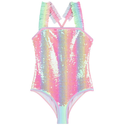 Multicoloured - Front - Billieblush Girls Sequins One Piece Swimsuit