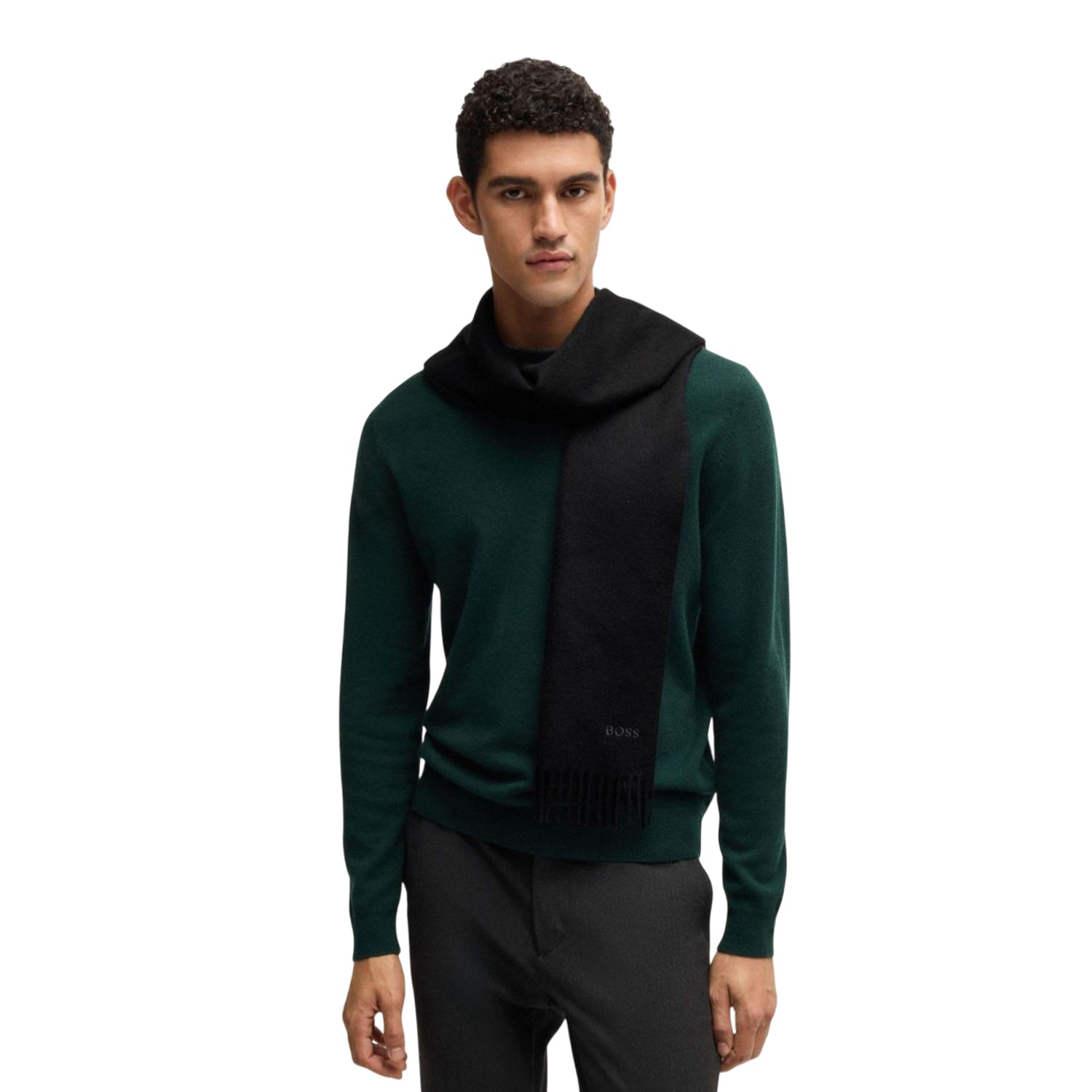 Black - Side - Boss Mens Embroidered Logo Scarf