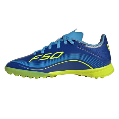 Blue-Yellow - Side - Adidas Childrens-Kids F50 League Artificial Ground Football Boots