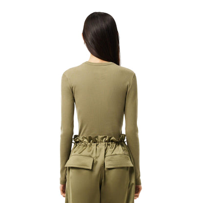 Khaki Green - Back - Lacoste Womens-Ladies Ribbed Slim T-Shirt