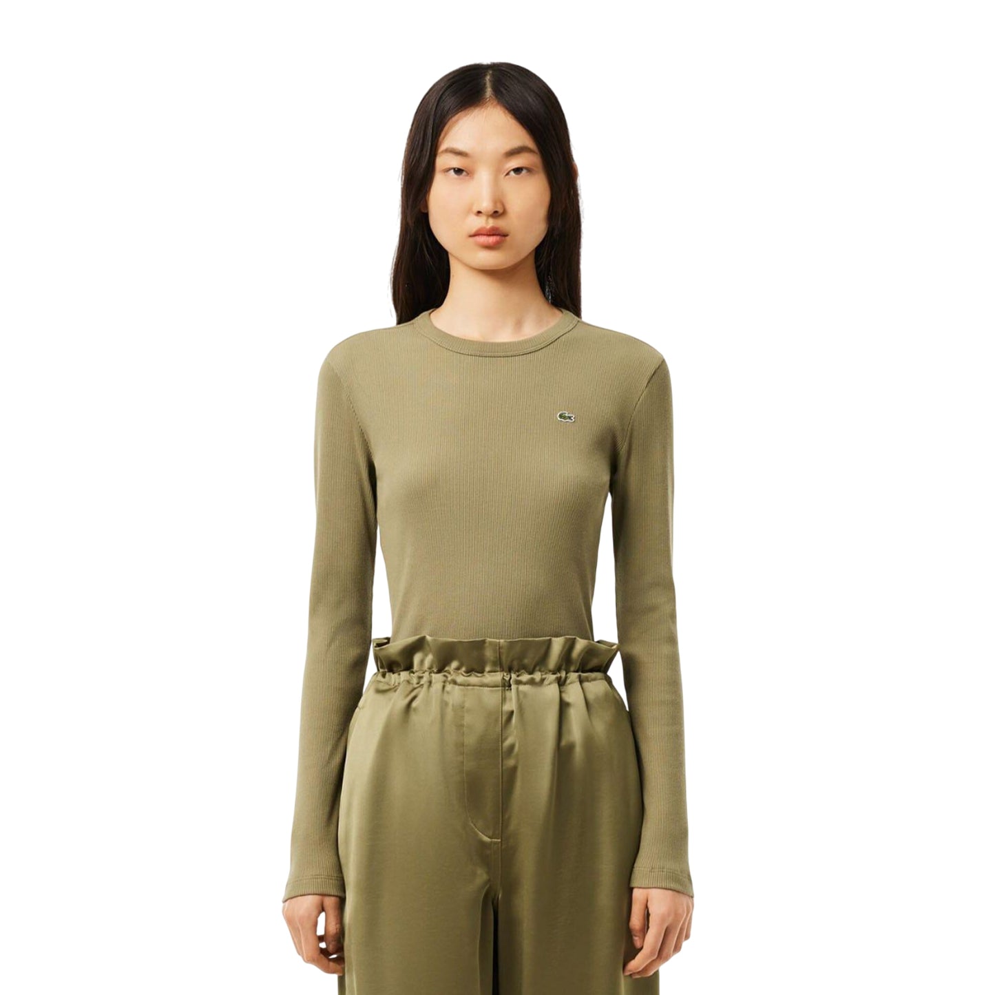 Khaki Green - Pack Shot - Lacoste Womens-Ladies Ribbed Slim T-Shirt