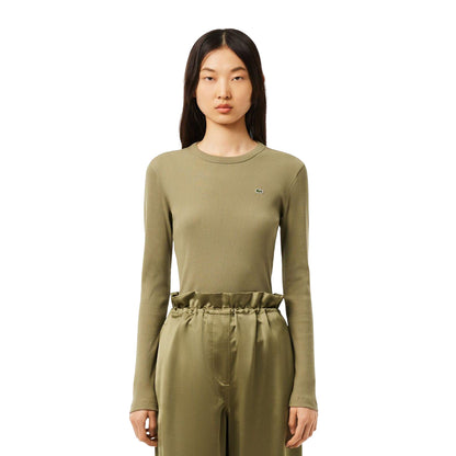 Khaki Green - Pack Shot - Lacoste Womens-Ladies Ribbed Slim T-Shirt
