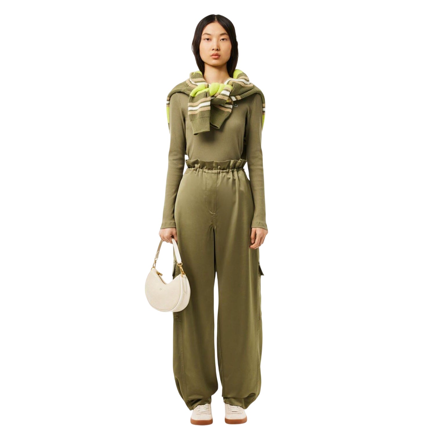 Khaki Green - Close up - Lacoste Womens-Ladies Ribbed Slim T-Shirt