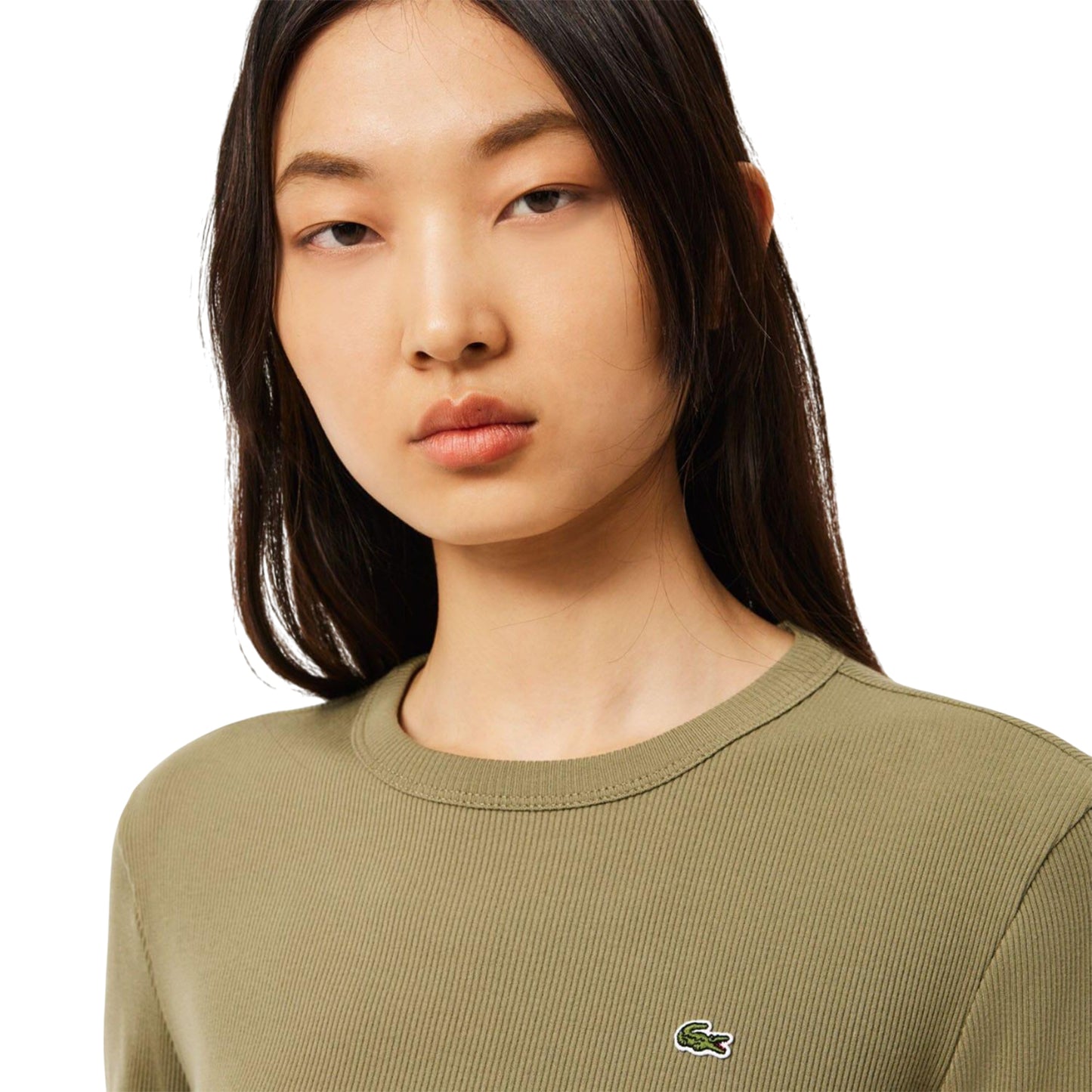 Khaki Green - Side - Lacoste Womens-Ladies Ribbed Slim T-Shirt