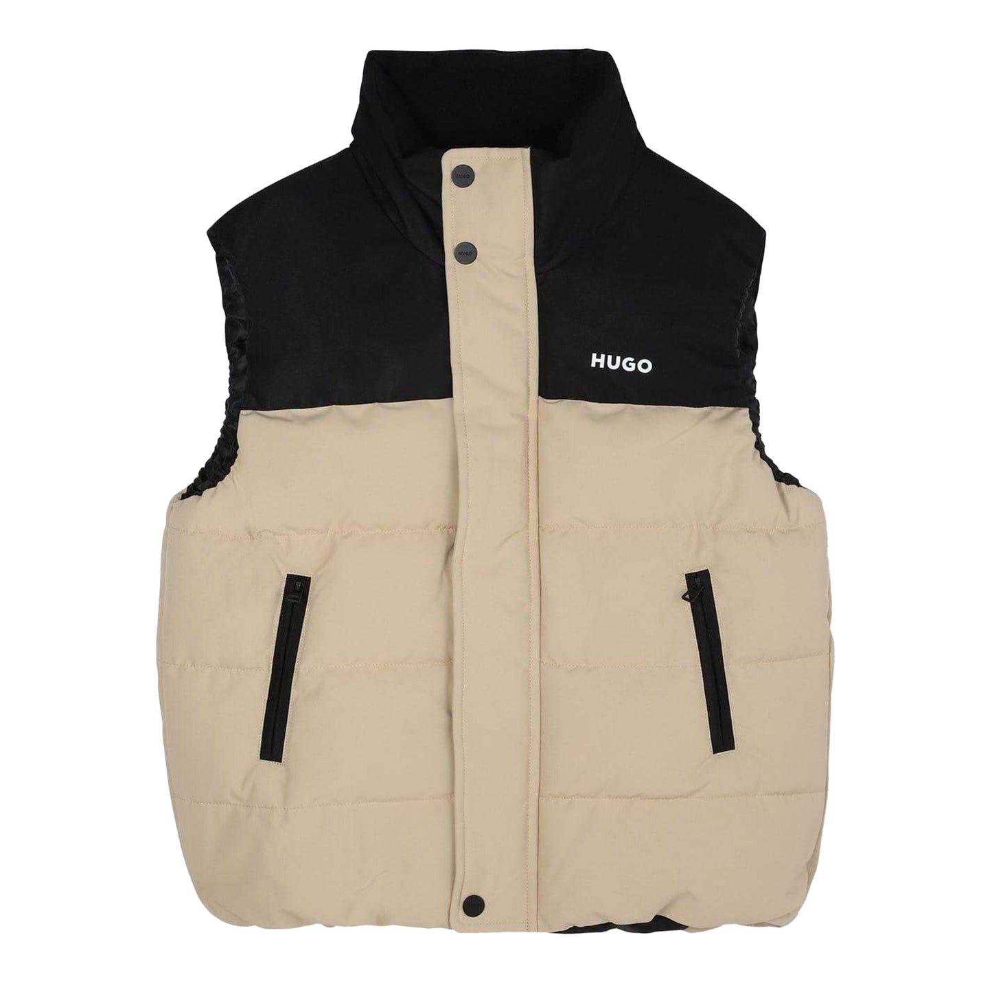 Beige-Black - Front - Hugo Childrens-Kids Padded Reversible Regular Sleeveless Gilet