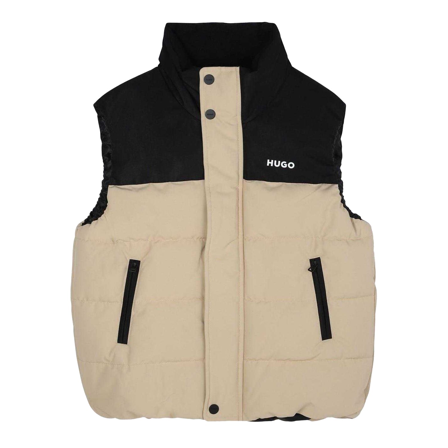 Beige-Black - Front - Hugo Childrens-Kids Padded Reversible Regular Sleeveless Gilet