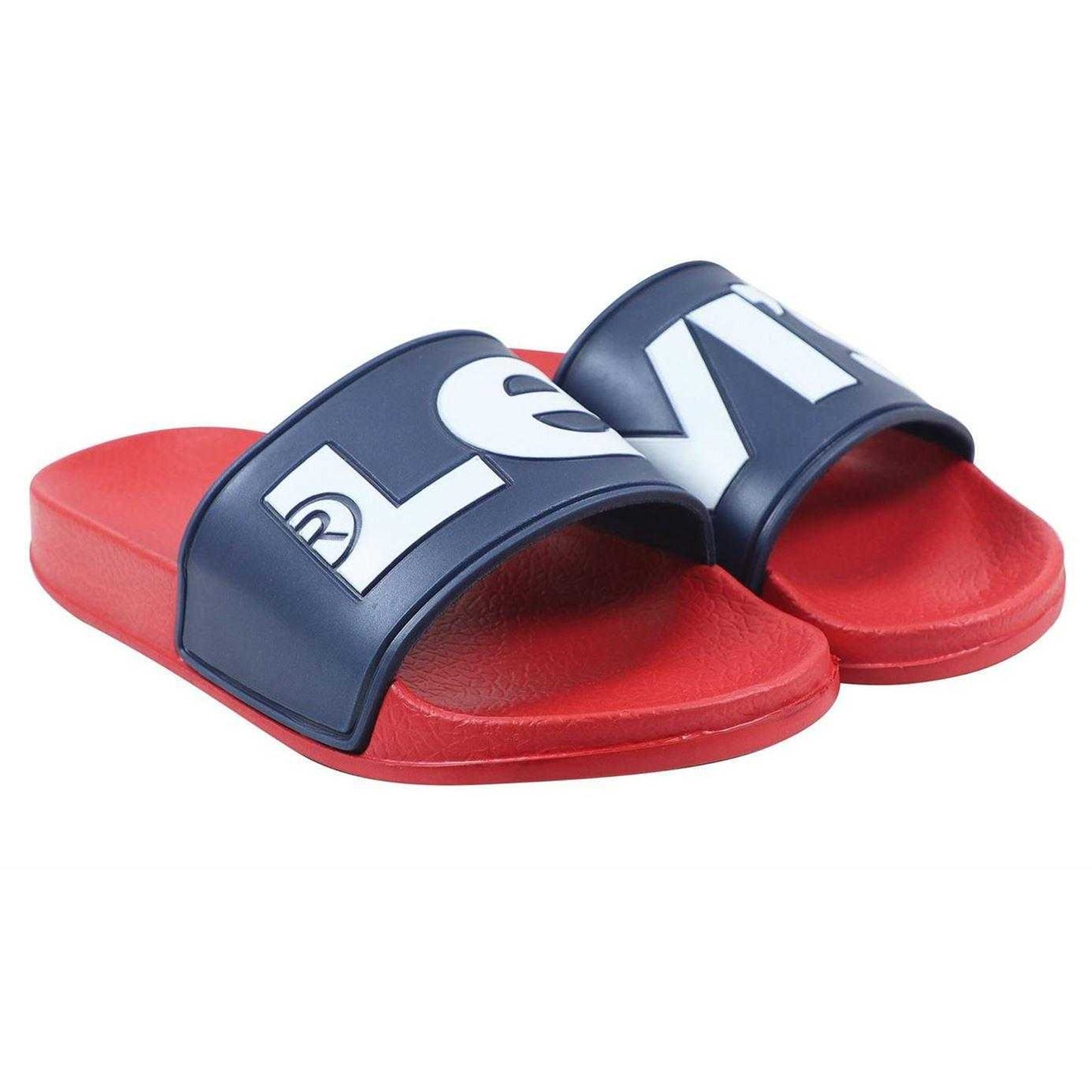 Navy-Red - Pack Shot - Levis Childrens-Kids June Pool Slip-on Flat Sliders