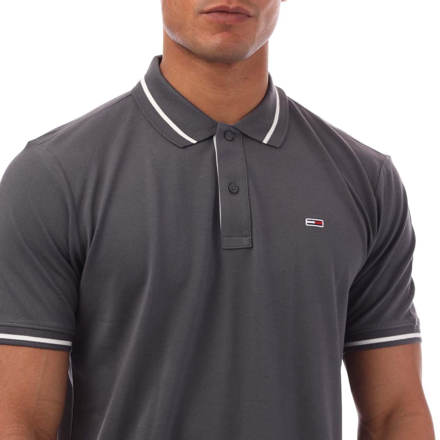 Grey - Side - Tommy Jeans Mens Tipped Regular Polo Shirt