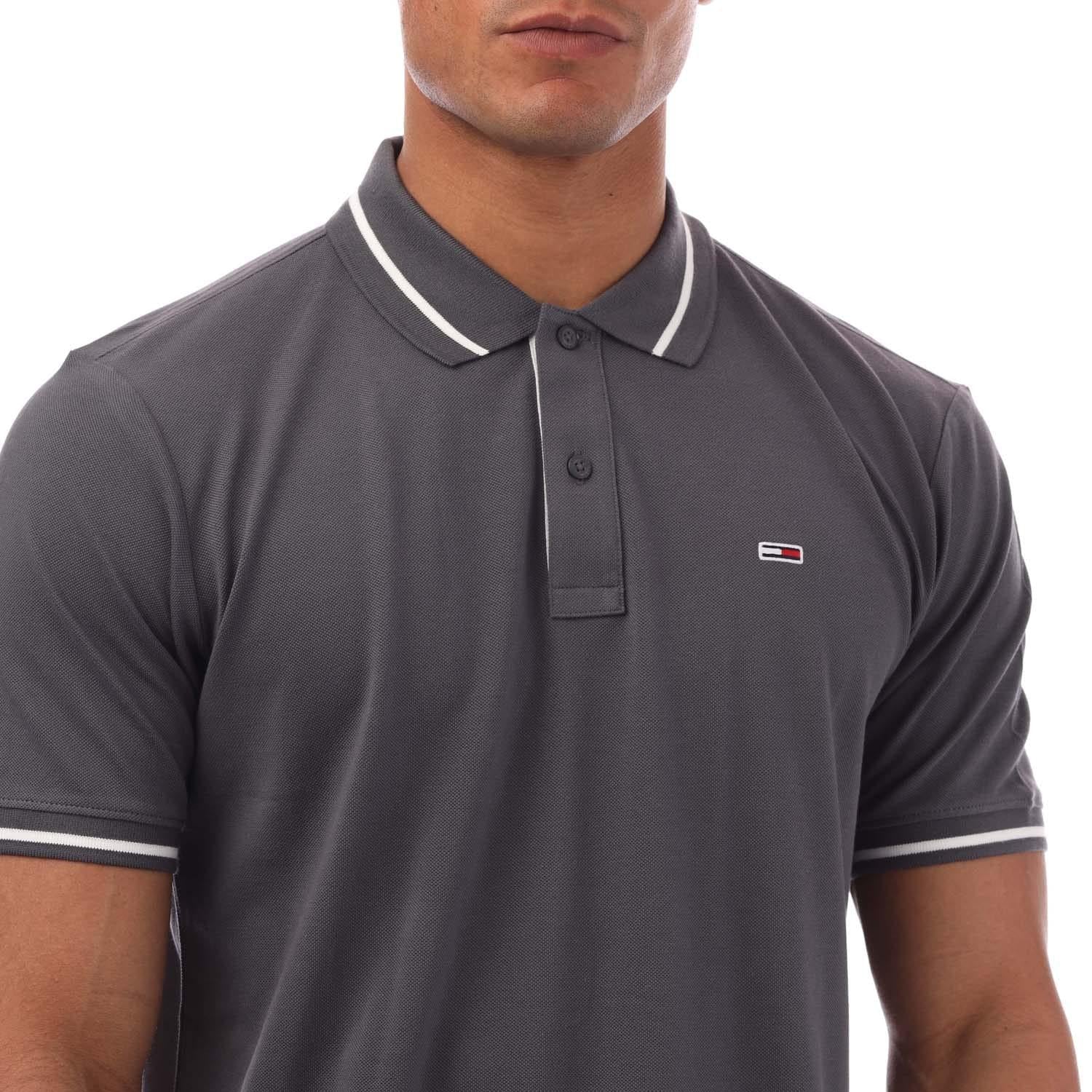 Grey - Side - Tommy Jeans Mens Tipped Regular Polo Shirt
