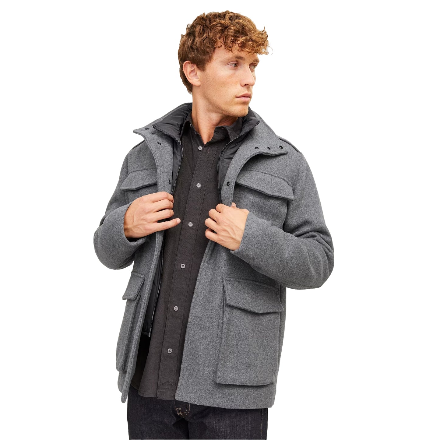 Grey Melange - Side - Jack And Jones Mens Alex Multi Pocket Regular Field Jacket