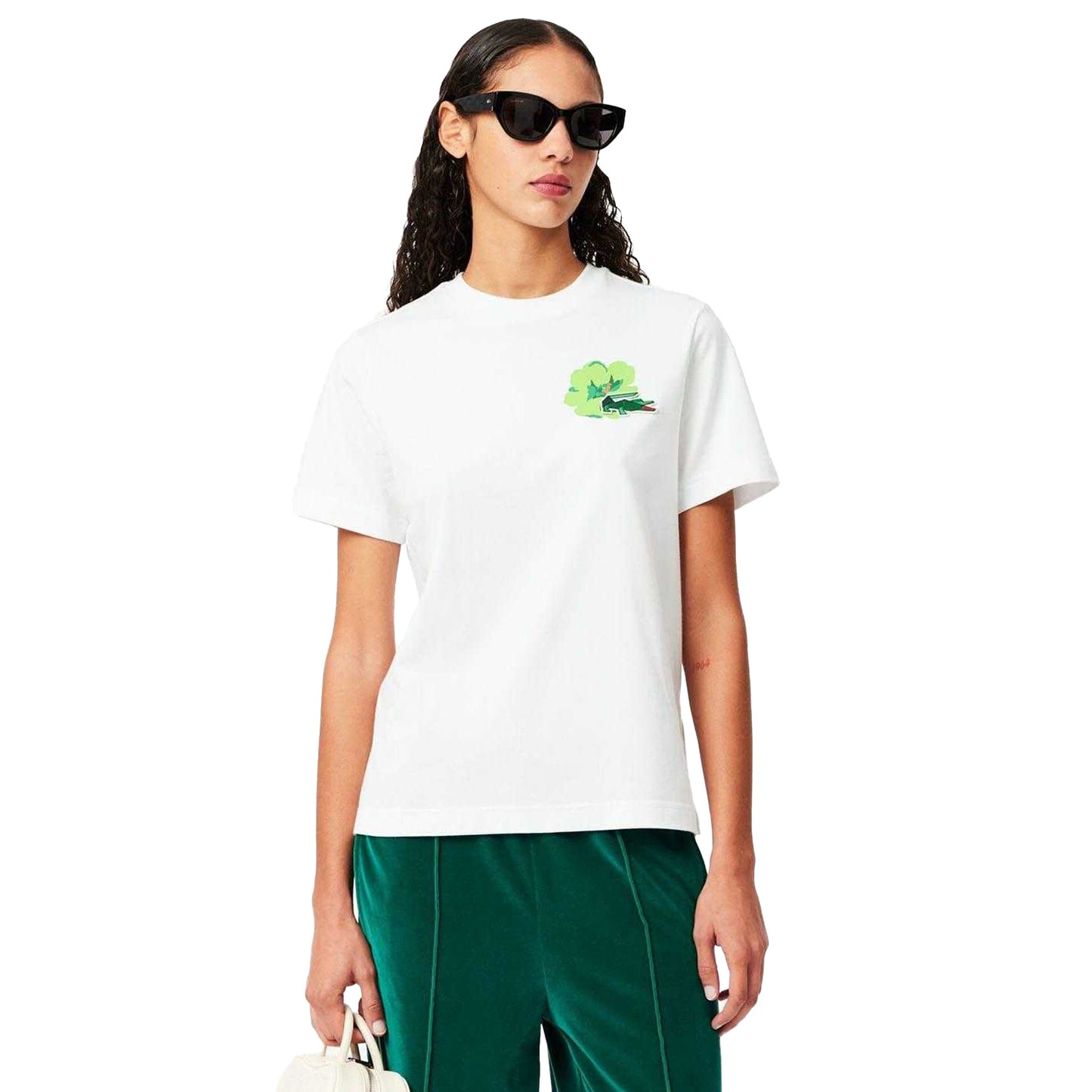 White - Side - Lacoste Womens-Ladies Floral Cotton T-Shirt