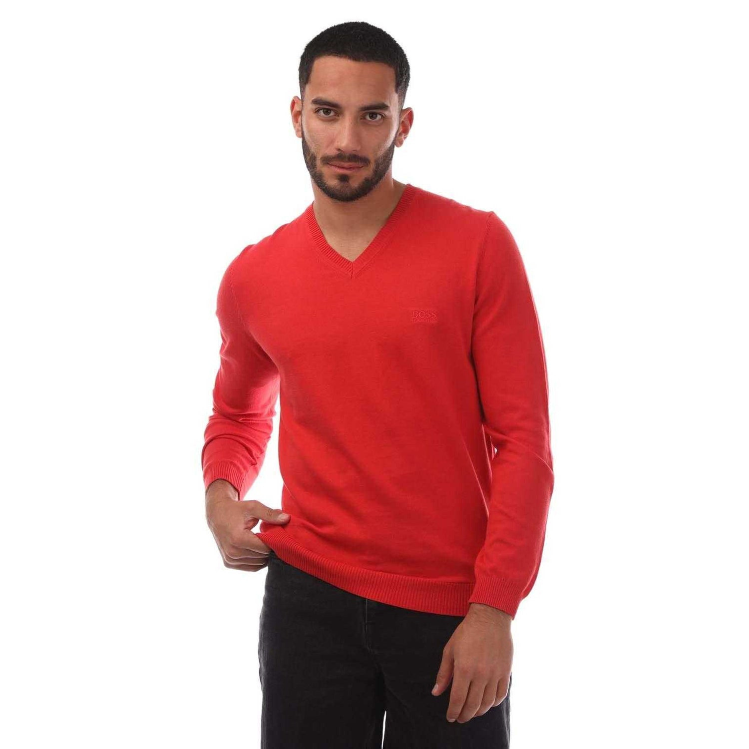 Red - Front - Boss Mens Barnabas-4 V Neck Sweater Top