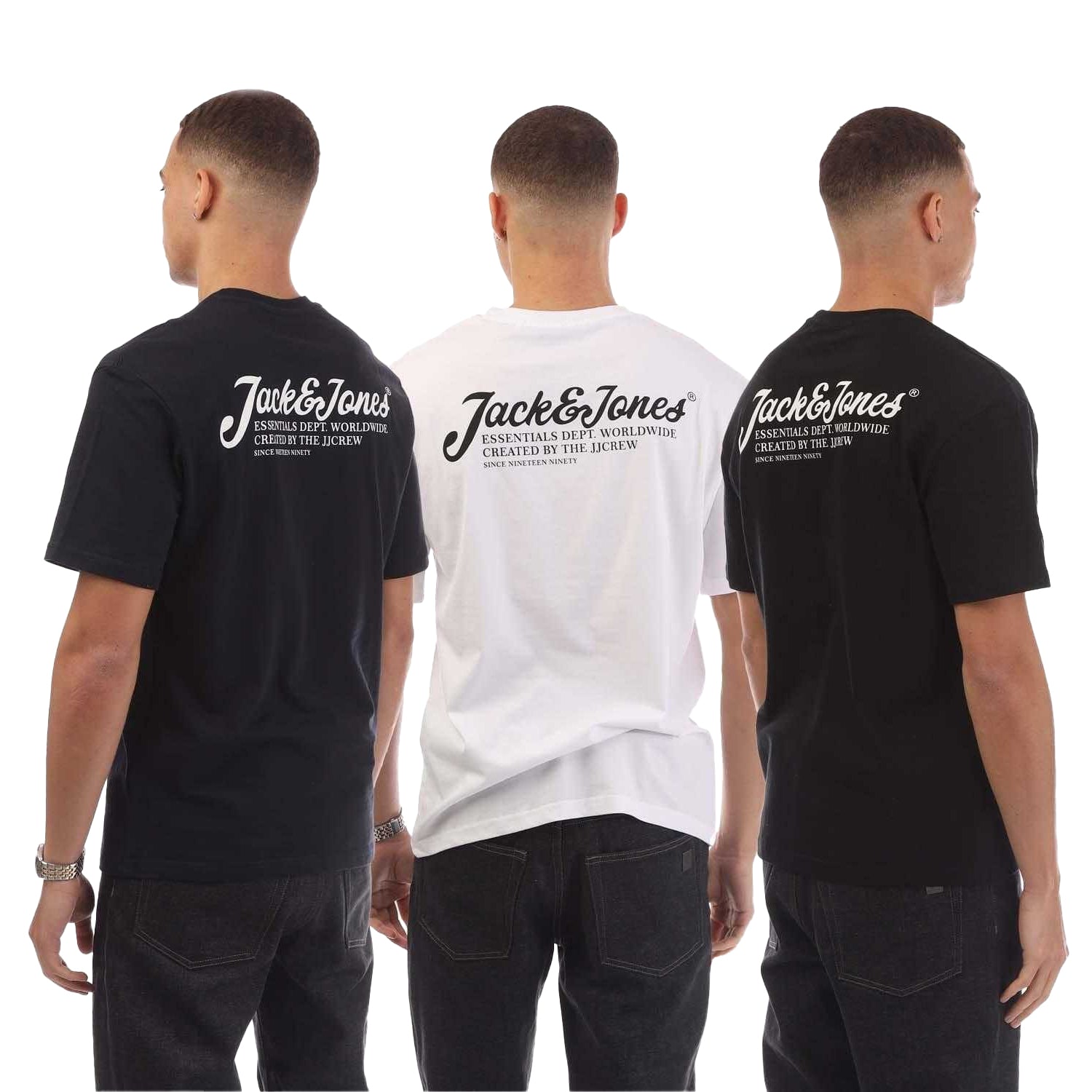 Navy-White-Black - Back - Jack And Jones Mens Beau Footprint T-Shirt (Pack of 3)