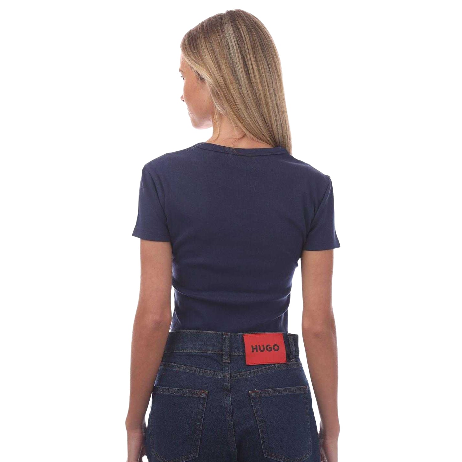 Dark Blue - Back - Hugo Boss Womens-Ladies Delanor Stacked Logo Crop T-Shirt
