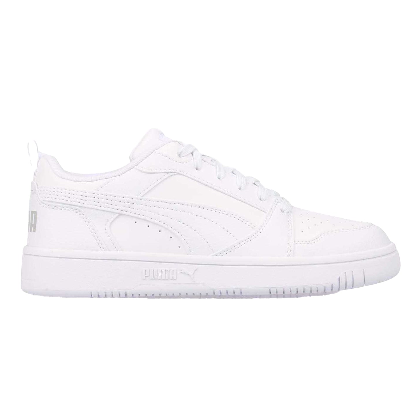 Grey-White - Side - Puma Womens-Ladies Rebound V6 Tumbled Leather Low Cut Trainers