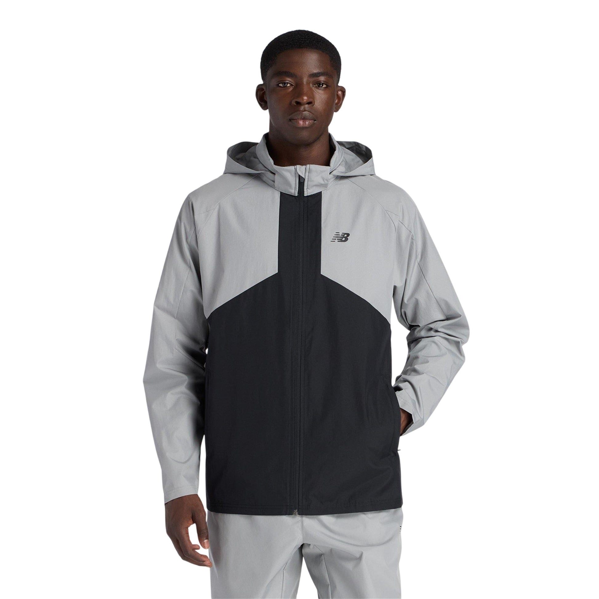Grey-Black - Side - New Balance Mens Two Tone Woven Hooded Jacket