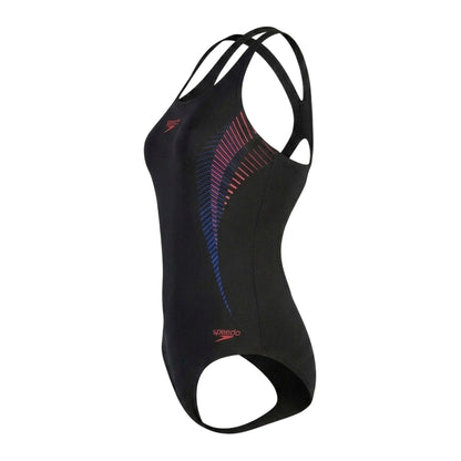 Black-Red - Back - Speedo Womens-Ladies Placement Abstract Muscleback One Piece Swimsuit