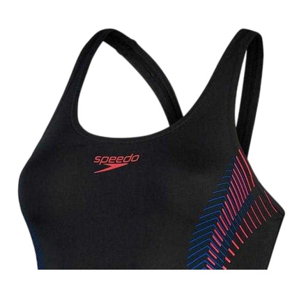 Black-Red - Side - Speedo Womens-Ladies Placement Abstract Muscleback One Piece Swimsuit
