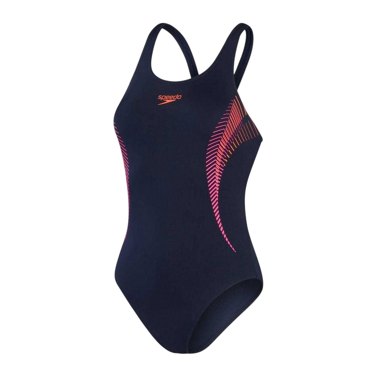 Navy-Pink - Front - Speedo Womens-Ladies Placement Abstract Muscleback One Piece Swimsuit