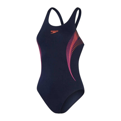 Navy-Pink - Front - Speedo Womens-Ladies Placement Abstract Muscleback One Piece Swimsuit