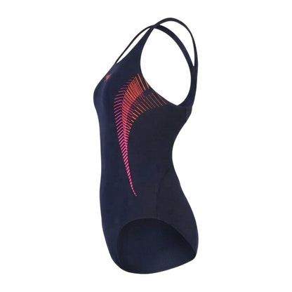 Navy-Pink - Back - Speedo Womens-Ladies Placement Abstract Muscleback One Piece Swimsuit