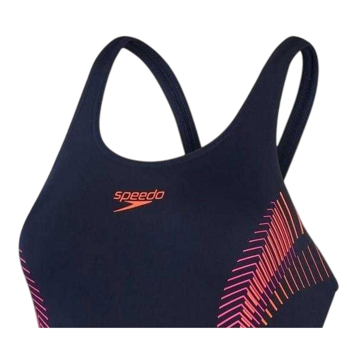 Navy-Pink - Side - Speedo Womens-Ladies Placement Abstract Muscleback One Piece Swimsuit