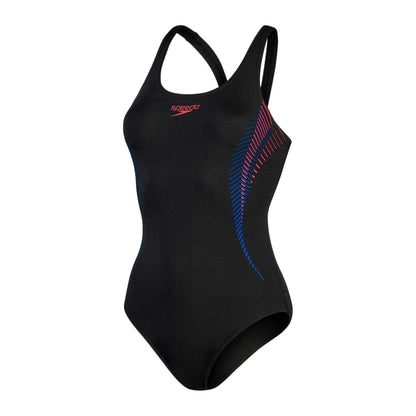 Black-Red - Front - Speedo Womens-Ladies Placement Abstract Muscleback One Piece Swimsuit