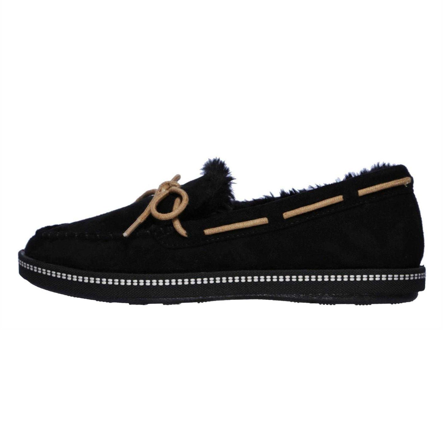 Black - Back - Skechers Womens-Ladies Cozy Faux Suede Flat Moccasin Slippers