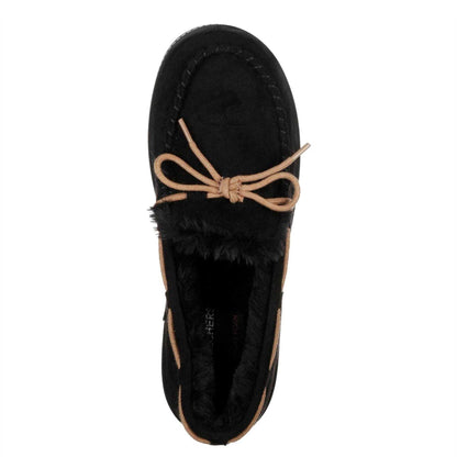 Black - Side - Skechers Womens-Ladies Cozy Faux Suede Flat Moccasin Slippers