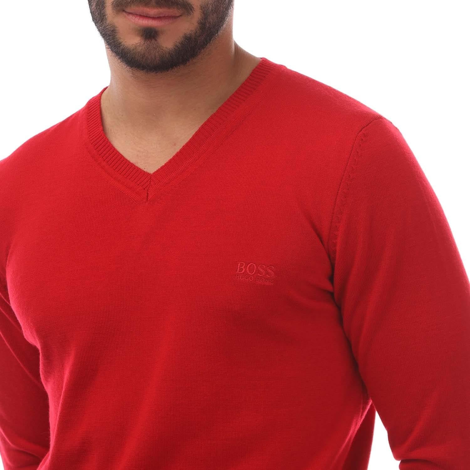 Red - Side - Boss Mens Batisse V Neck Sweater Top
