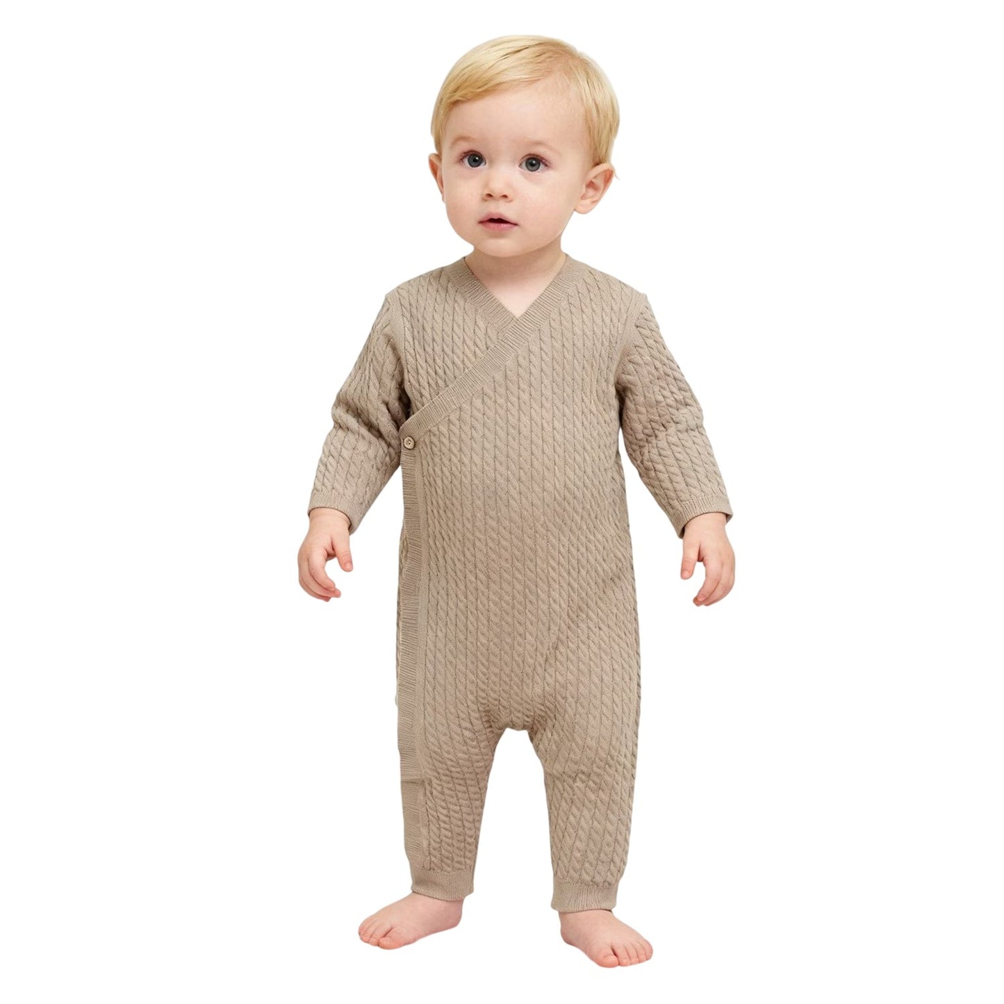 Brown - Side - Pretty Green Baby Cable Knit Long-Sleeved Sleepsuit