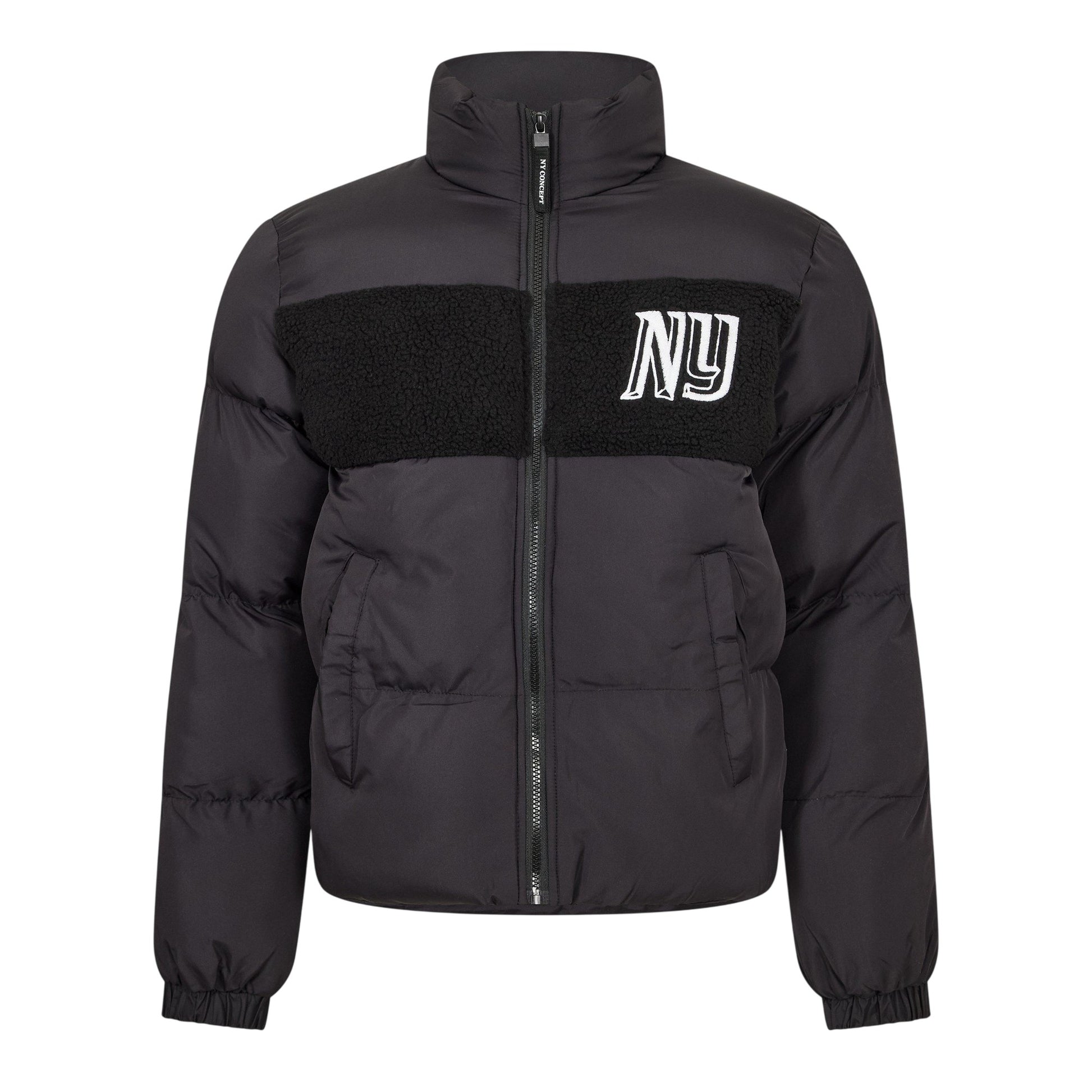Black - Front - NY Concept Mens Panel Sherpa Puffer Jacket