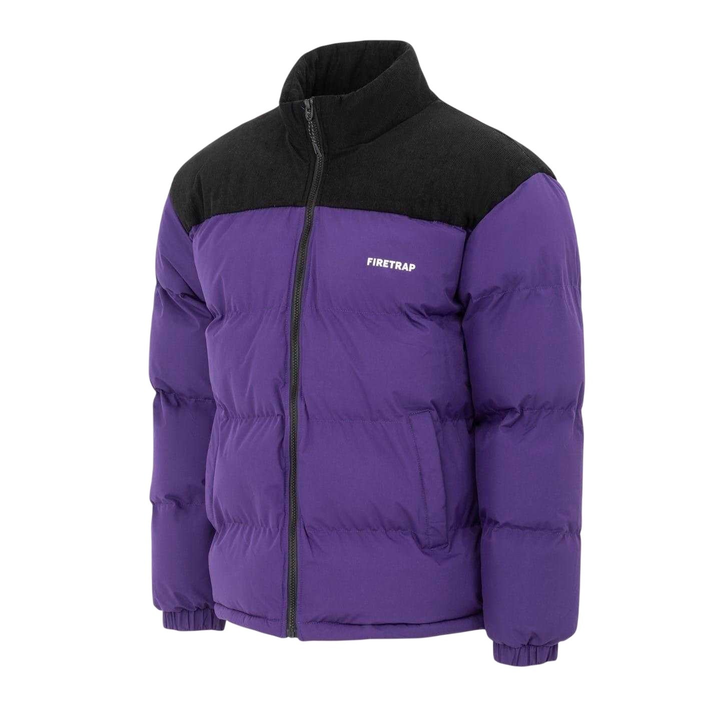 Purple - Side - Firetrap Mens Colour Block Corduroy Quilted Puffer Jacket