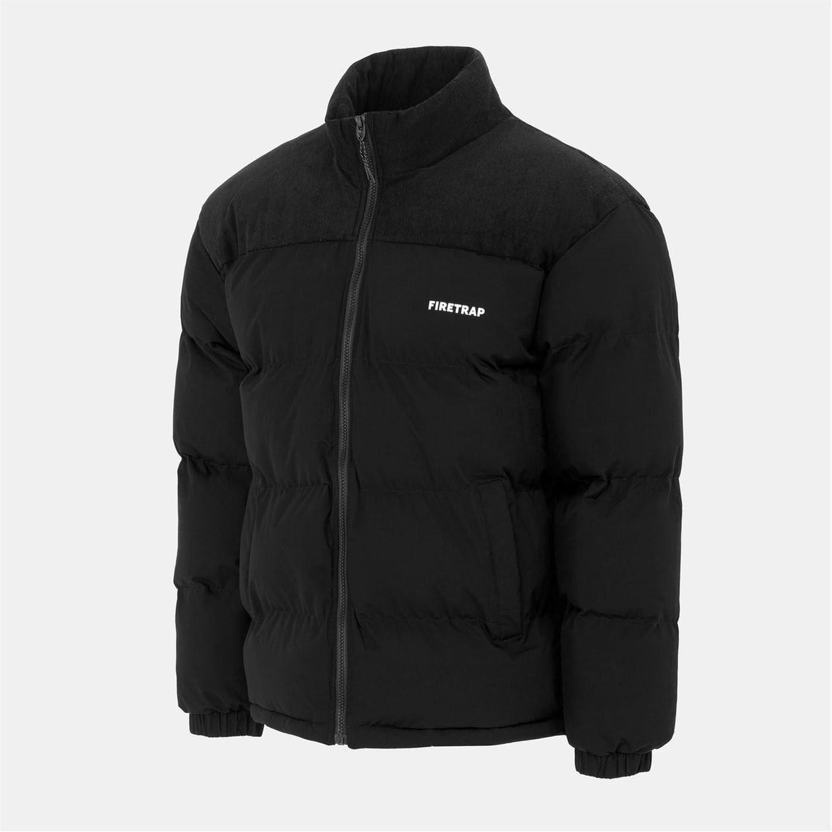 Black - Side - Firetrap Mens Colour Block Corduroy Quilted Puffer Jacket