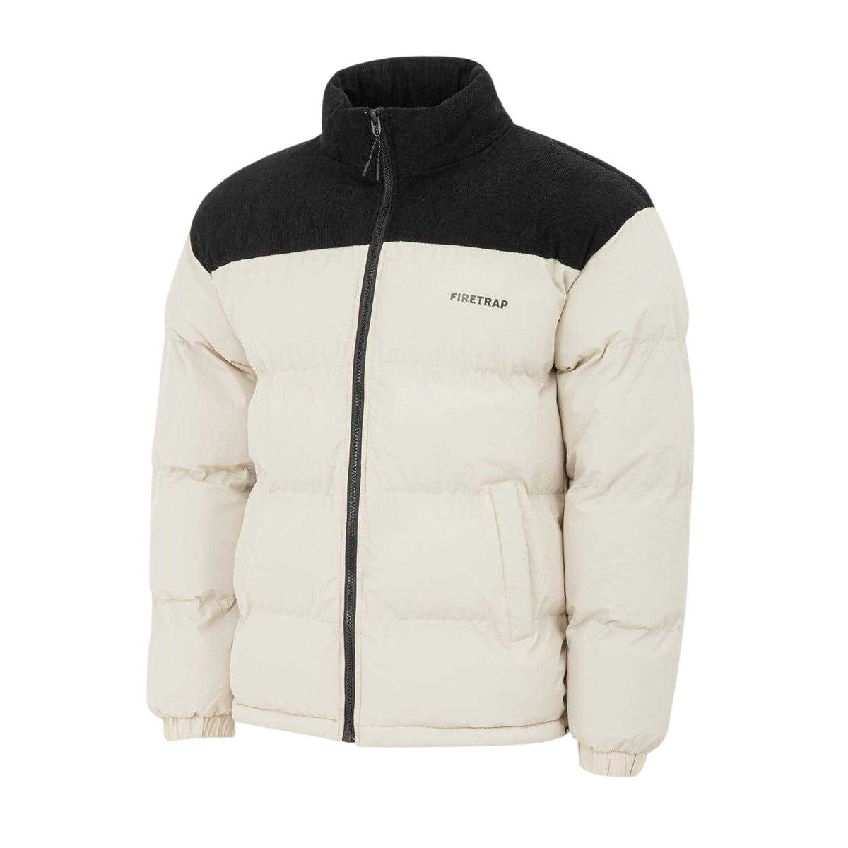Beige - Side - Firetrap Mens Colour Block Corduroy Quilted Puffer Jacket