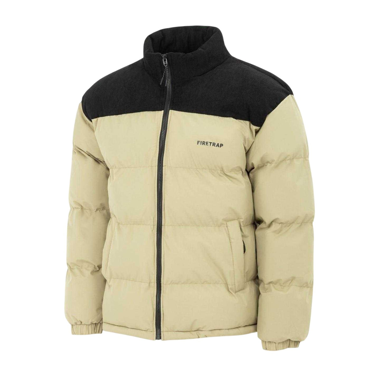 Light Khaki - Front - Firetrap Mens Colour Block Corduroy Quilted Puffer Jacket